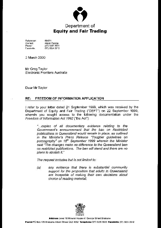 Page 1, Letter from Qld Dept of Equity and Fair Trading