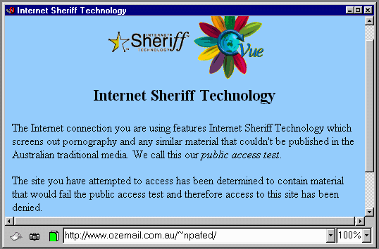 [Screen shot of Internet Sheriff denying access to the The National Party of Australia - Federal Party Home Page]