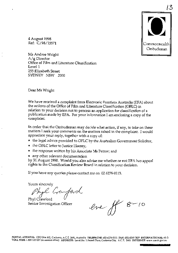 Commonwealth Ombudsman letter to OFLC dated 4 August 1998