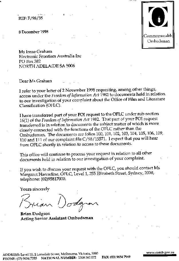Commonwealth Ombudsman letter dated 8 December 1998