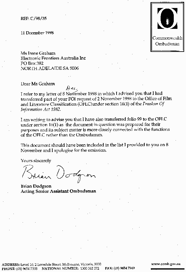 Commonwealth Ombudsman letter dated 11 December 1998