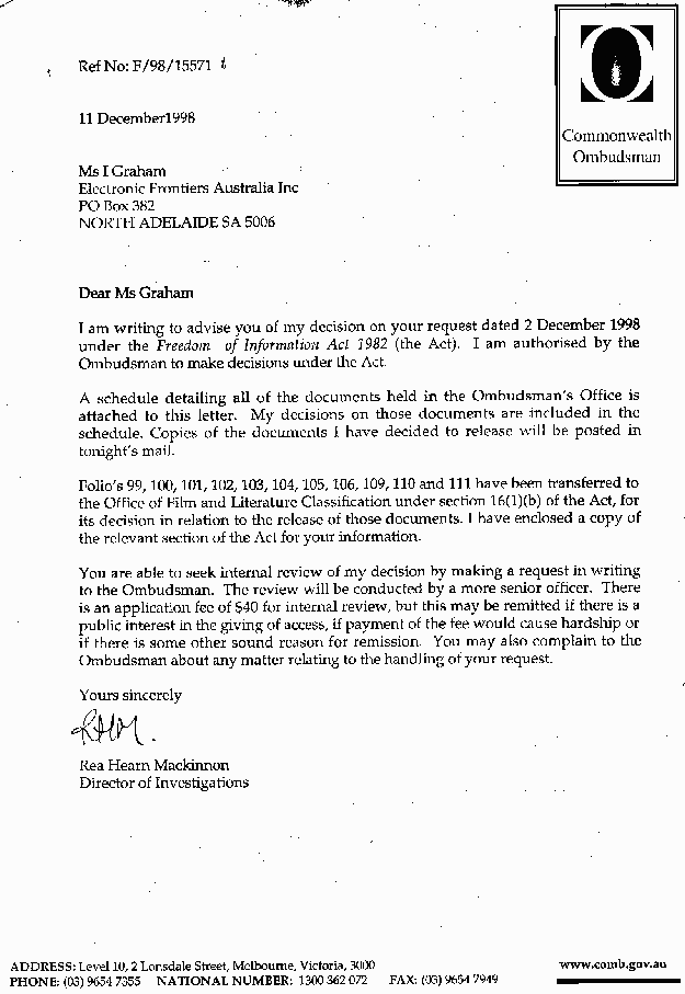 Commonwealth Ombudsman letter dated 11 December 1998