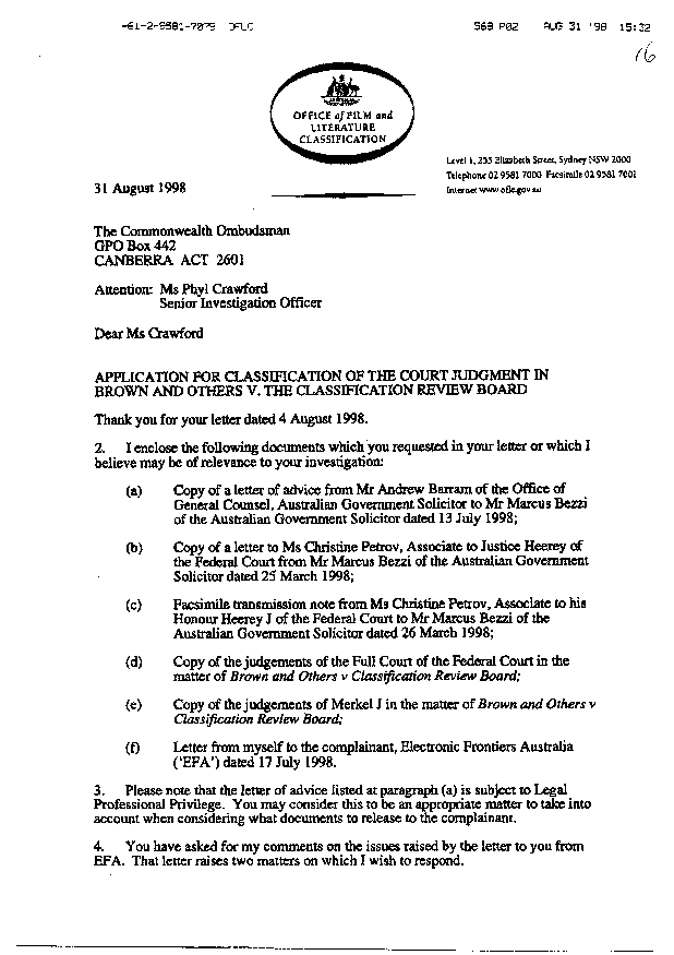 OFLC letter (page 1) to Commonwealth Ombudsman dated 31 August 1998